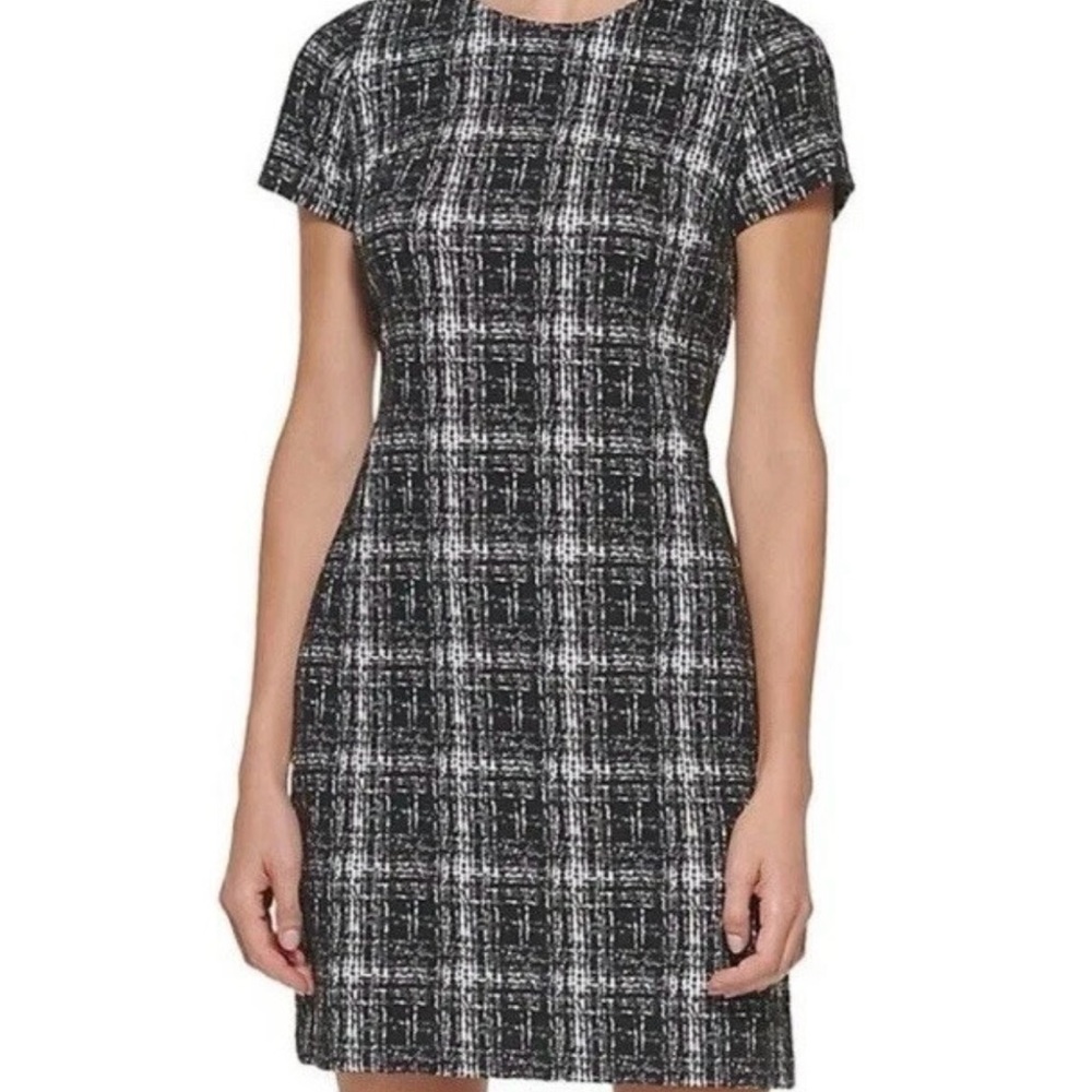Calvin Klein Dress Sz 12 Black White Plaid Stretch Sheath Dark Academia Career‎